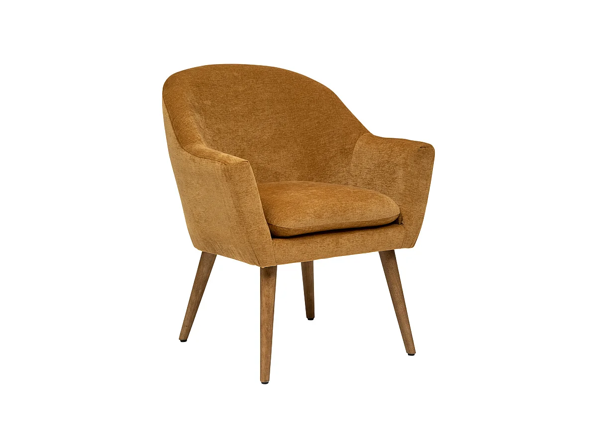 Fauteuil en Tissu Chenille Jaune Ocre et pieds en Bois