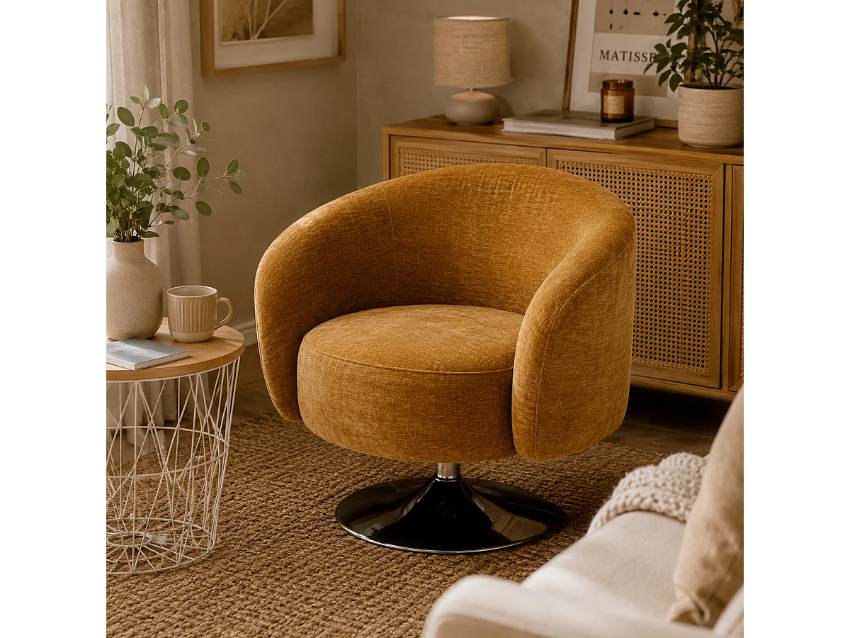 Fauteuil pivotant en Tissu Chenille Jaune Ocre et pied en métal