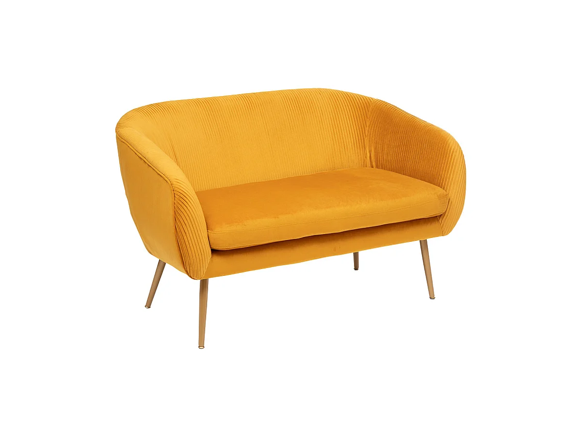 Banquette 2 places en Velours Moutarde plissé et pieds en métal doré
