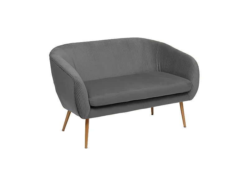 Banquette 2 places en Velours Gris plissé et pieds en métal doré