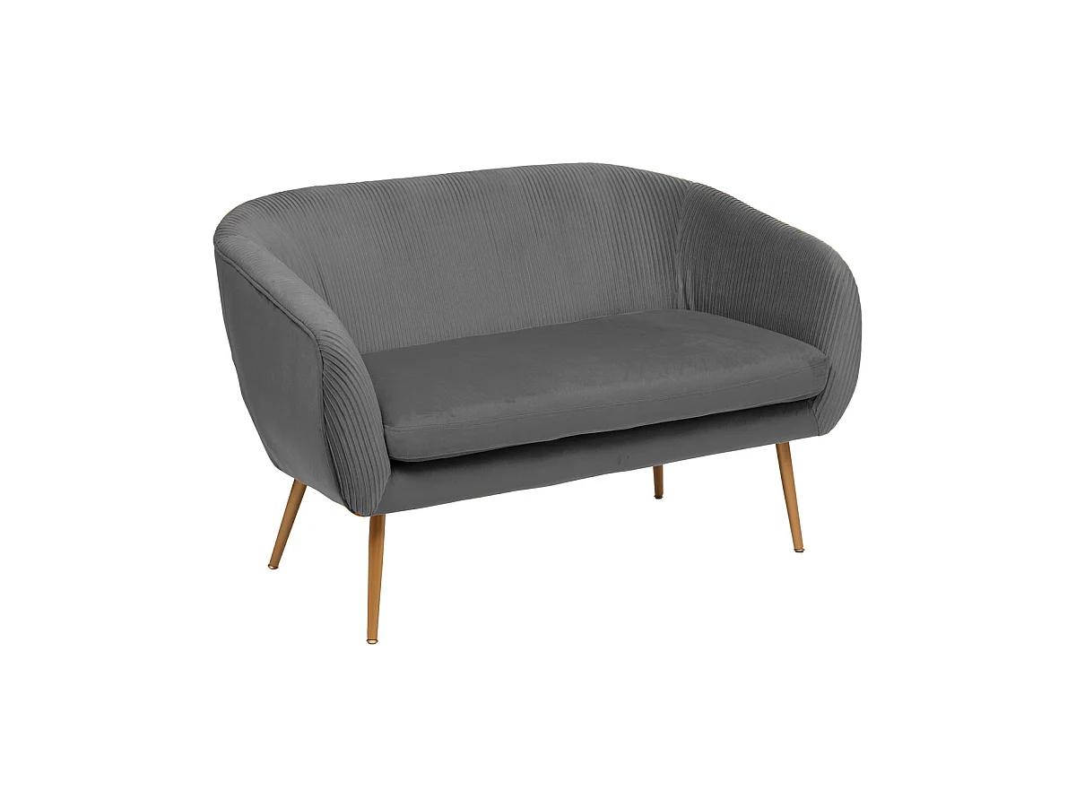 Banquette 2 places en Velours Gris plissé et pieds en métal doré