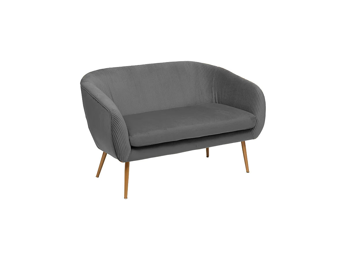 Banquette 2 places en Velours Gris plissé et pieds en métal doré