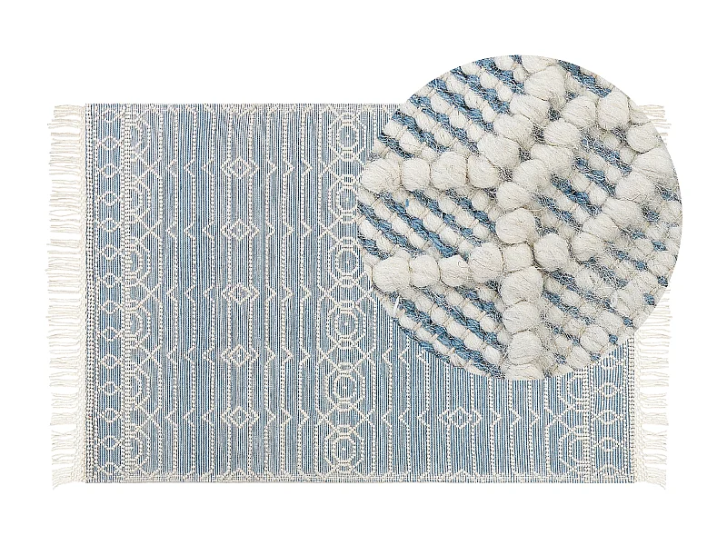Teppich Wolle blau / weiss 160 x 230 cm Fransen Kurzflor ORHANELI