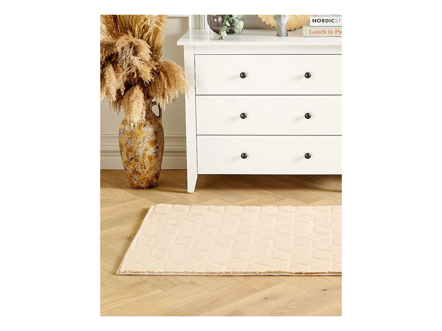 Kunstfellteppich Kaninchen beige 80x150 cm einfarbig handgefertigt Shaggy Thatta