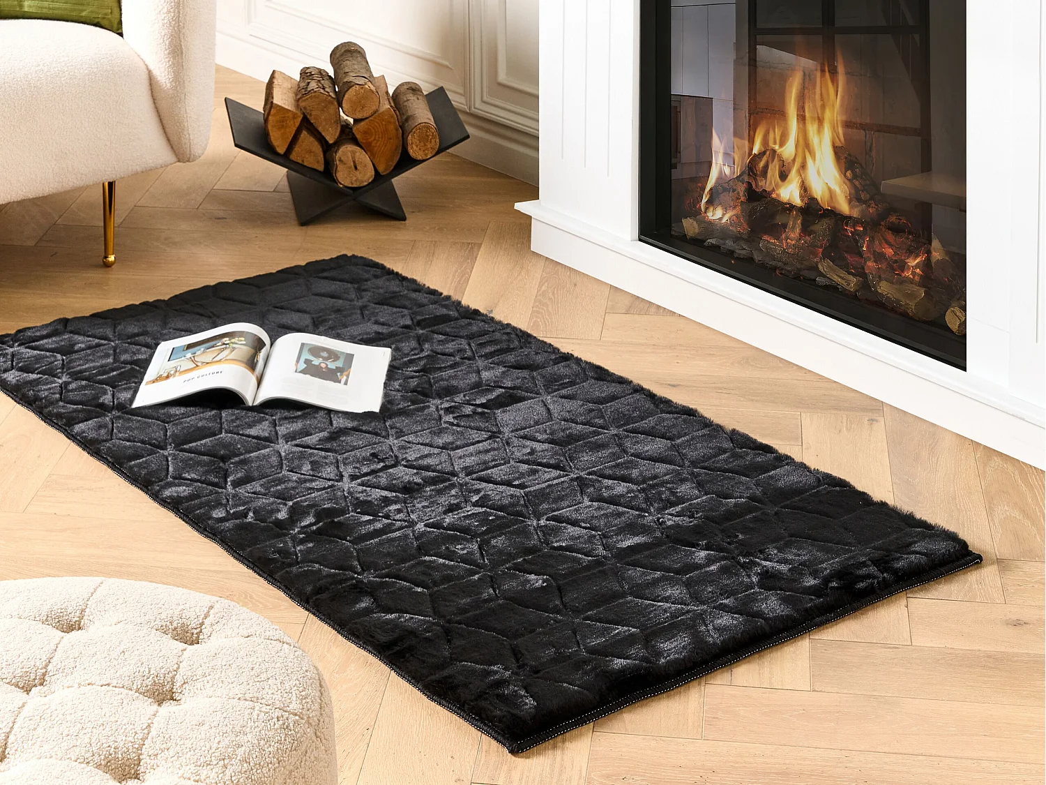 Kunstfellteppich Kaninchen schwarz 80 x 150 cm Shaggy THATTA