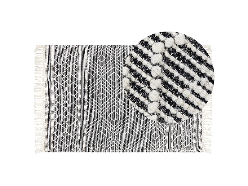 Teppich schwarz / weiß aus Wolle 160 x 230 cm Kurzflor mit Fransen modern Savuca