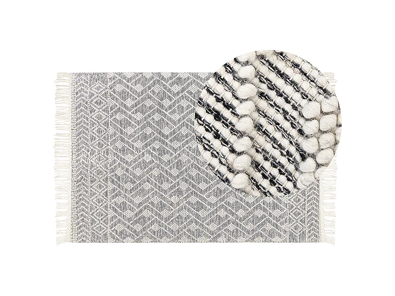 Teppich schwarz / weiß aus Wolle 160 x 230 cm Kurzflor mit Fransen modern Kavak