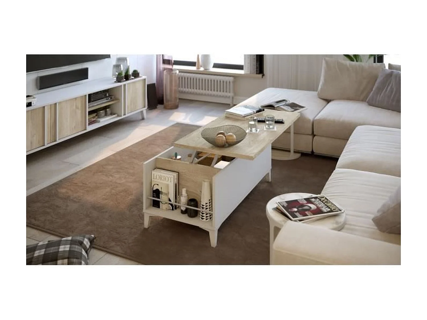 Table basse avec plateau relevable - Blanc/Chene - 100 x 50/72 x 42/55 cm - EVAN