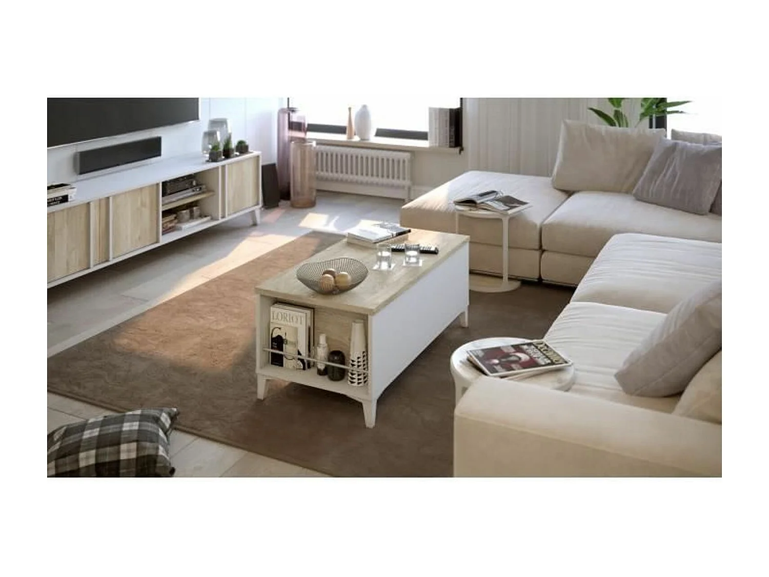 Table basse avec plateau relevable - Blanc/Chene - 100 x 50/72 x 42/55 cm - EVAN