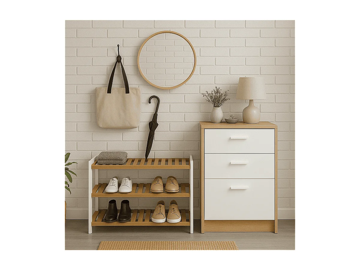 Etagère à chaussures en bambou et décor blanc - H55 cm