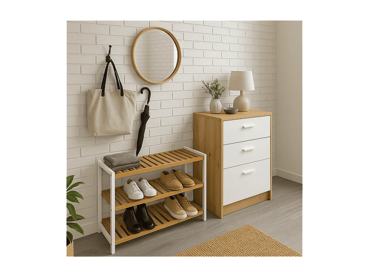 Etagère à chaussures en bambou et décor blanc - H55 cm