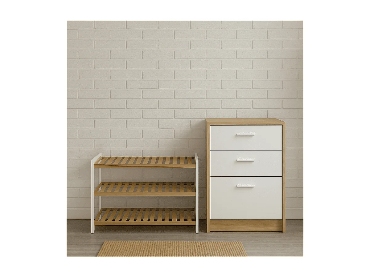 Etagère à chaussures en bambou et décor blanc - H55 cm
