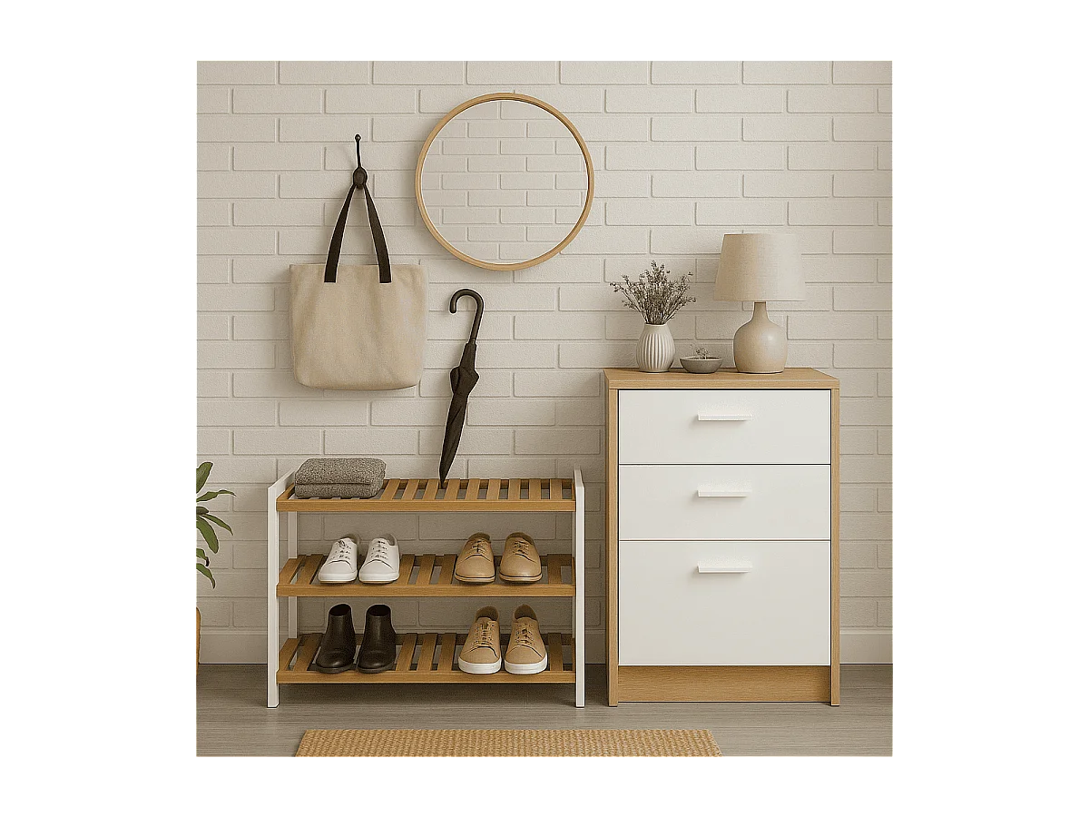 Etagère à chaussures en bambou et décor blanc - H55 cm