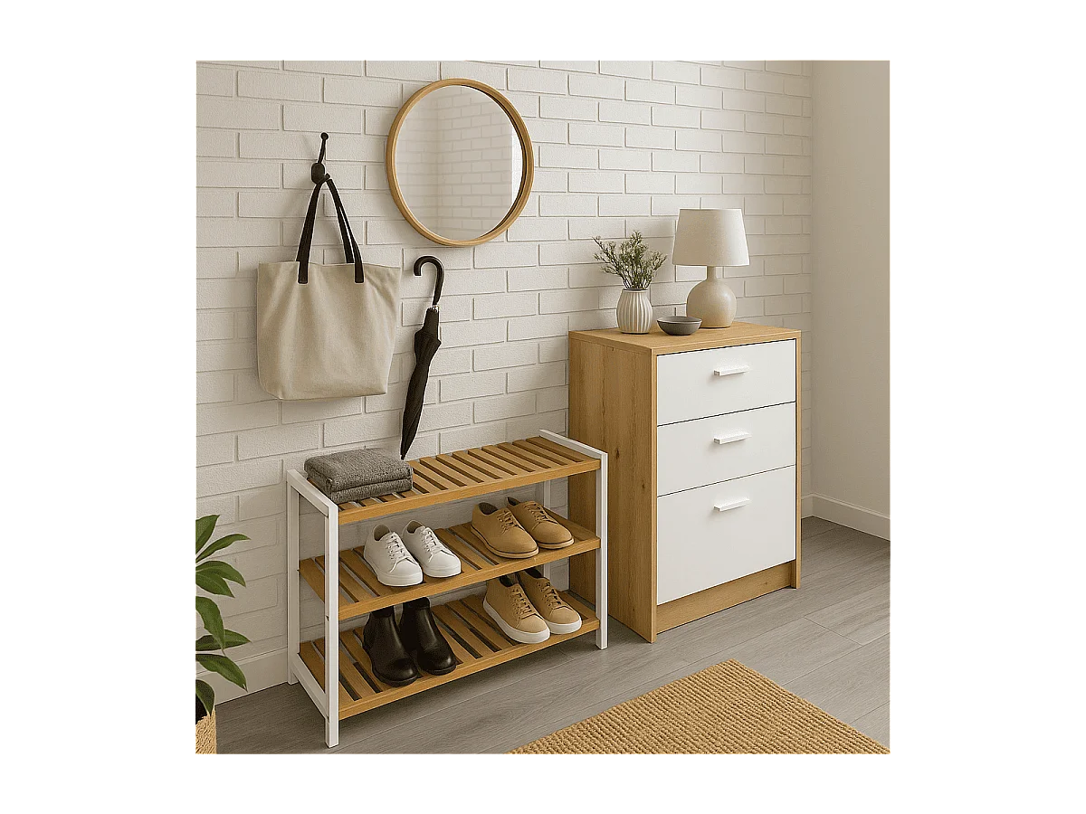Etagère à chaussures en bambou et décor blanc - H55 cm