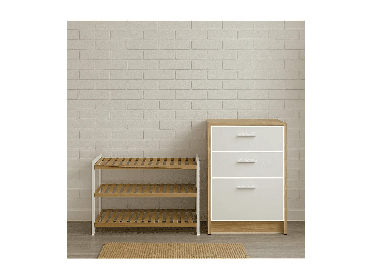 Etagère à chaussures en bambou et décor blanc - H55 cm
