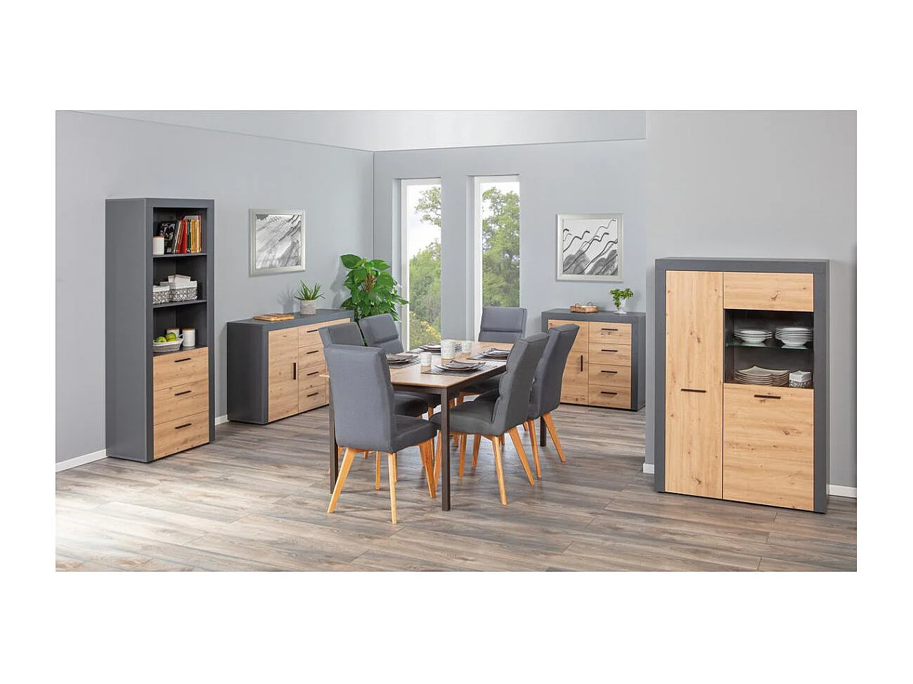 Étagère 3 Niveaux & 3 Tiroirs "Magnisa" 190cm Chêne & Gris