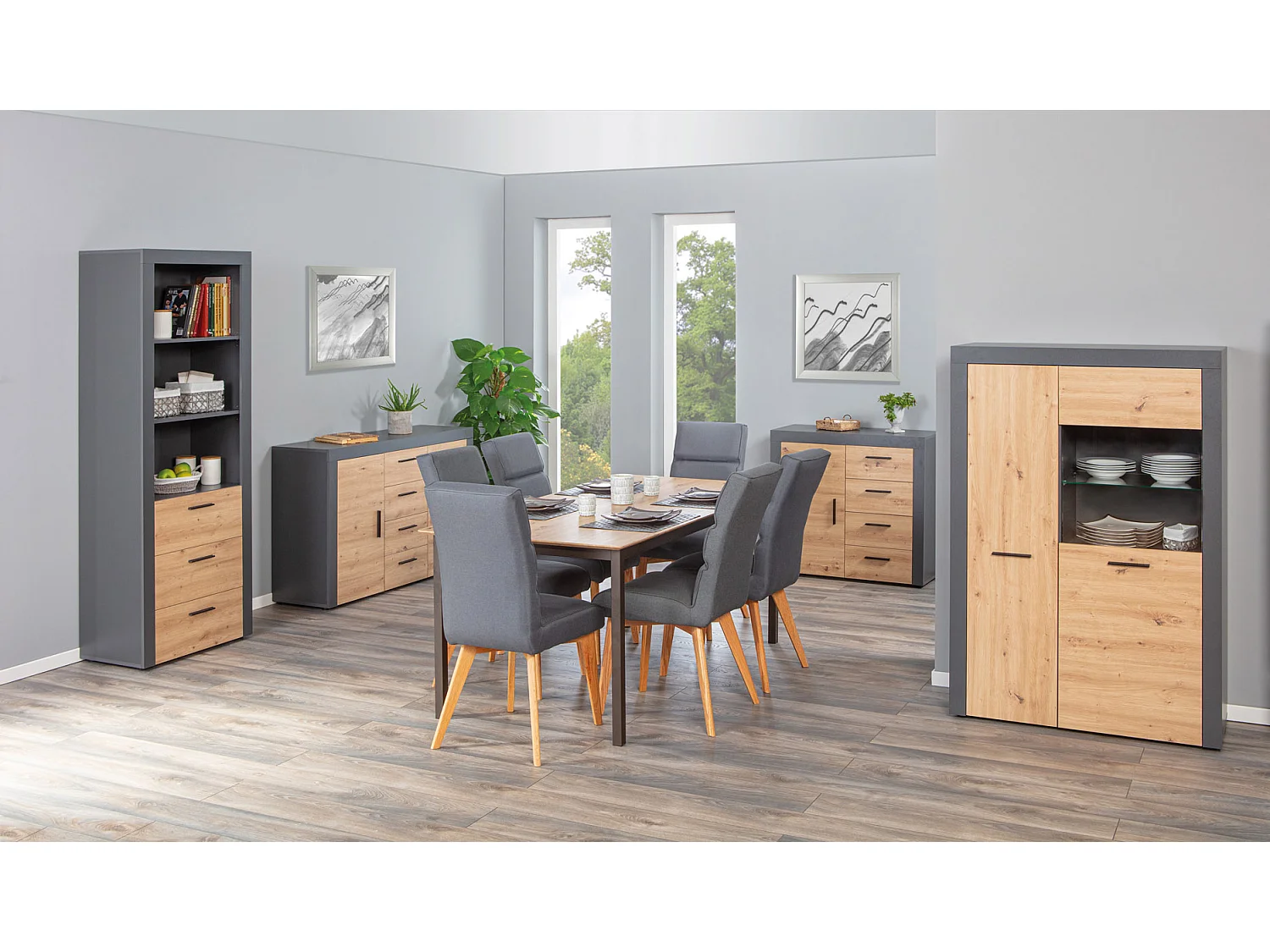 Étagère 3 Niveaux & 3 Tiroirs "Magnisa" 190cm Chêne & Gris