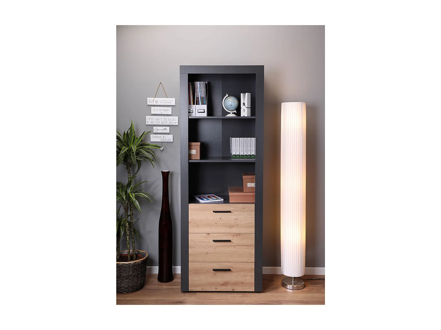 Étagère 3 Niveaux & 3 Tiroirs "Magnisa" 190cm Chêne & Gris