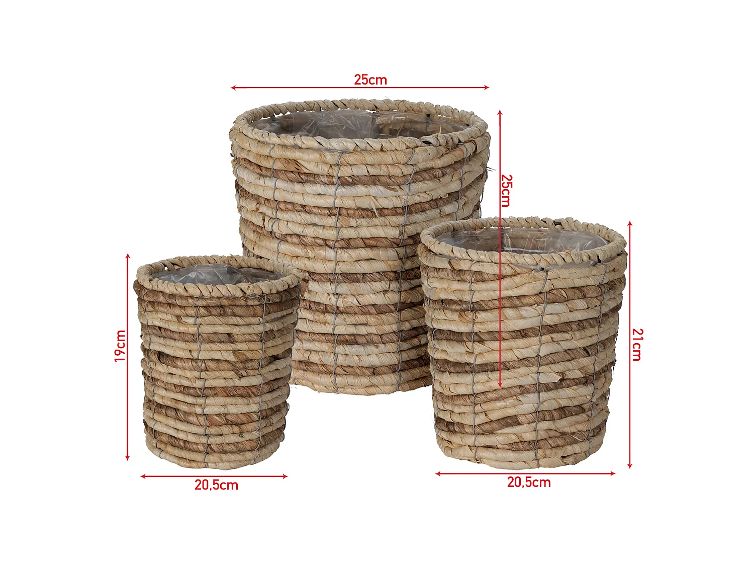 Set de 3 Paniers à Plantes Paniers Doublés Paille de Maïs Marron