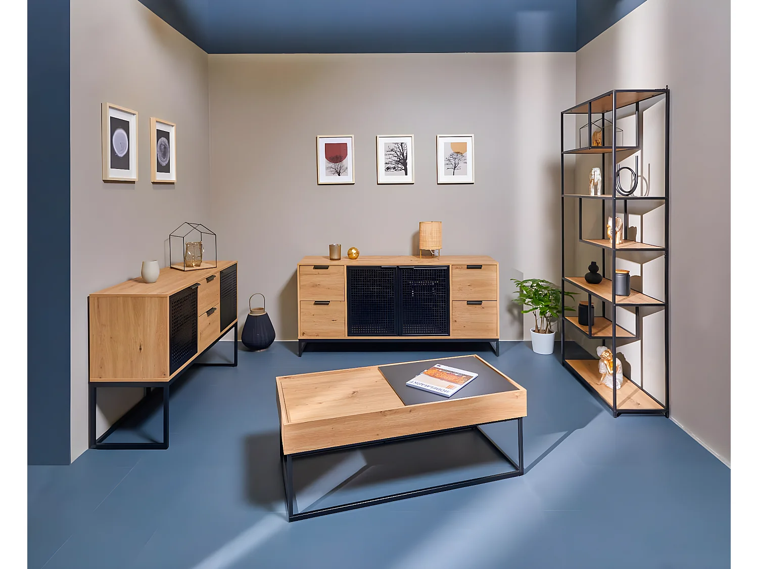 Filora salontafel met opslag grijs, Artisan eik decor.