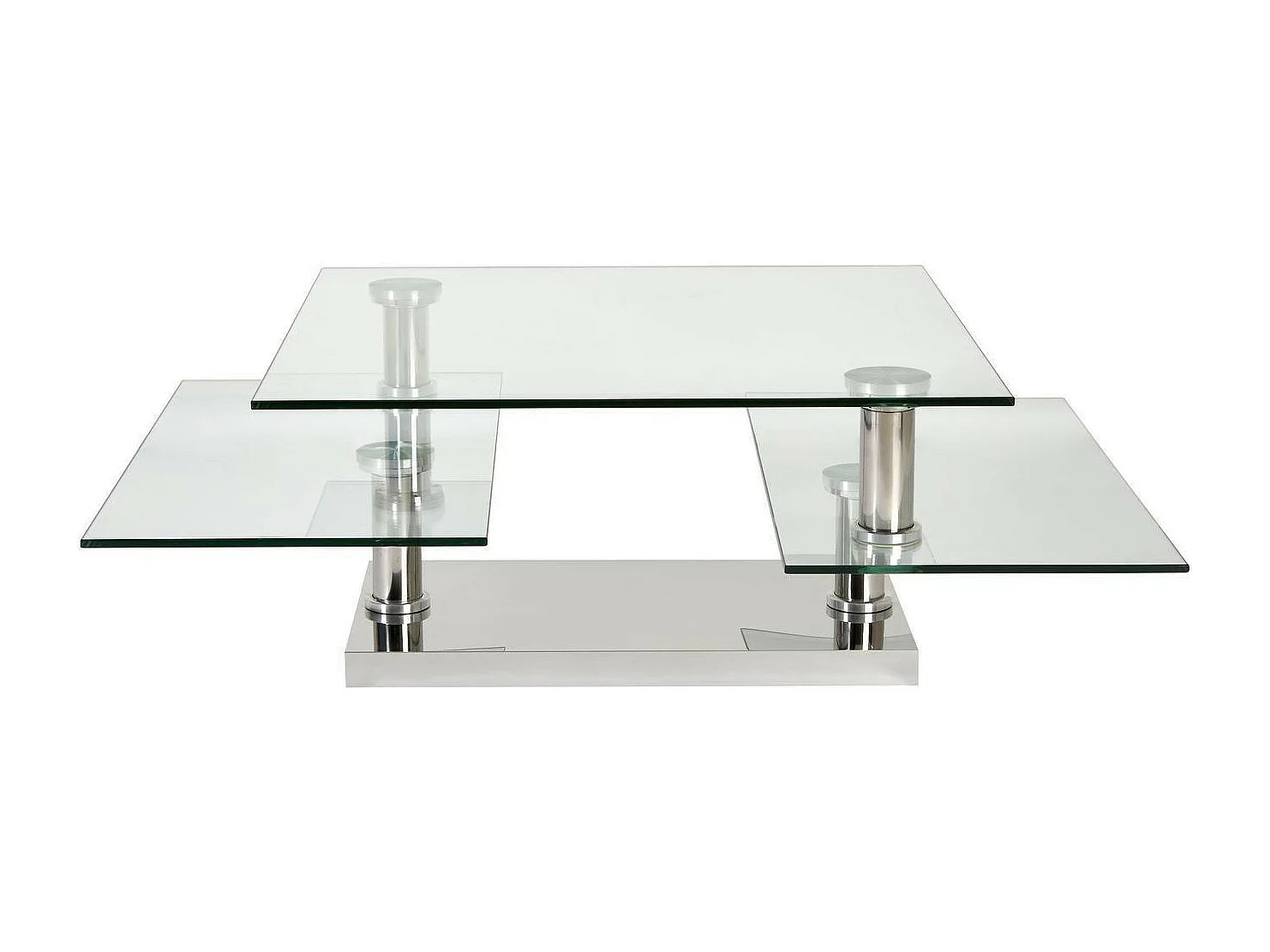 Vierkante chroomstalen salontafel en draaibare gehard glazen bladen Vintaz 80 cm