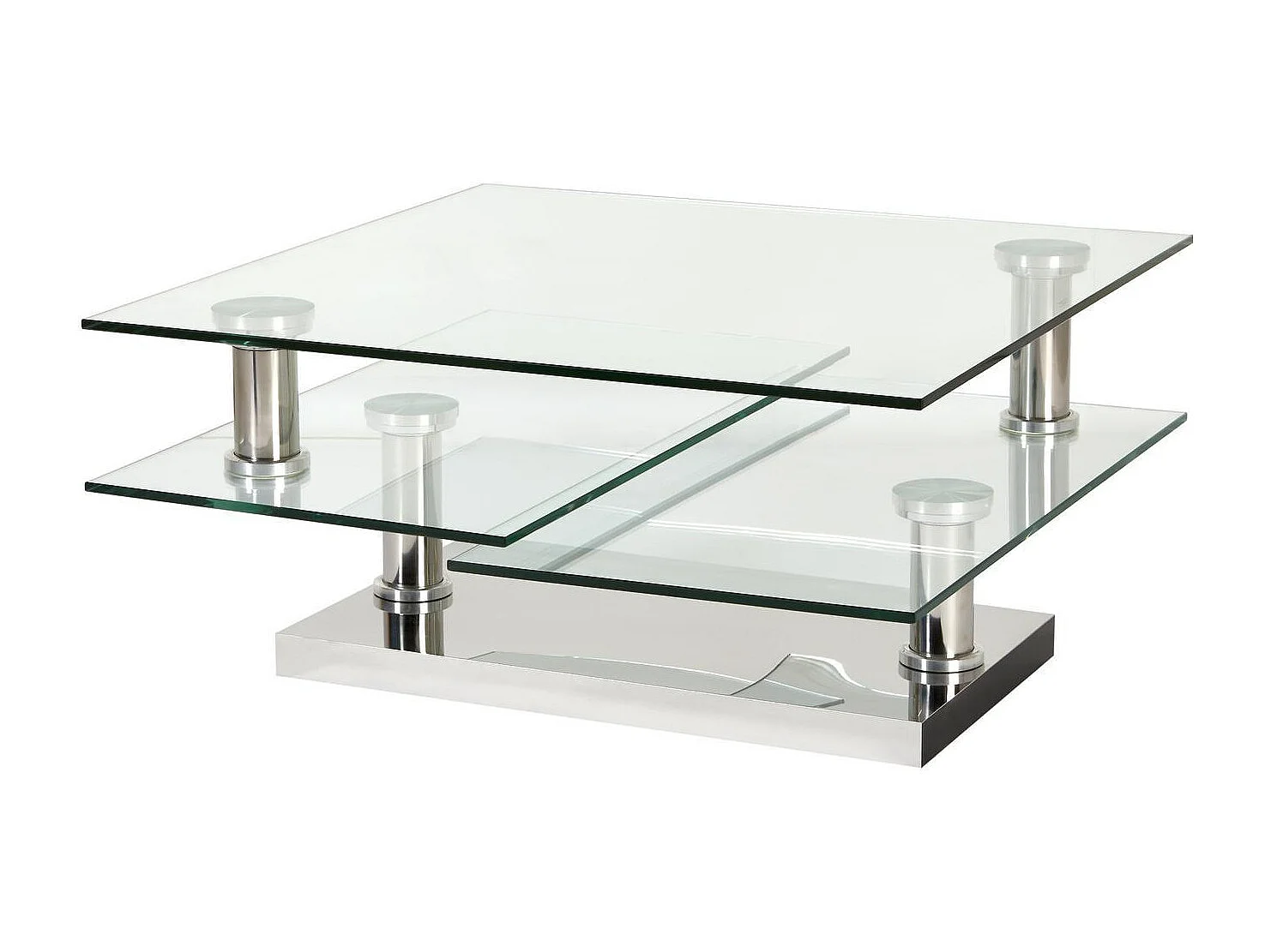 Vierkante chroomstalen salontafel en draaibare gehard glazen bladen Vintaz 80 cm