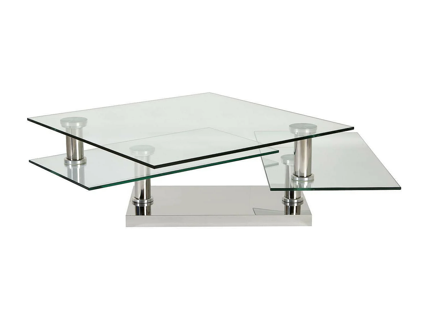 Vierkante chroomstalen salontafel en draaibare gehard glazen bladen Vintaz 80 cm