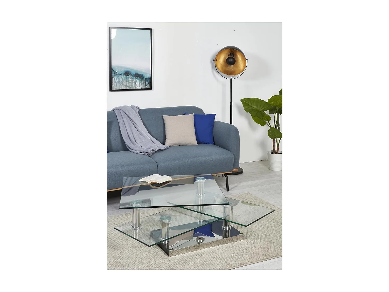 Vierkante chroomstalen salontafel en draaibare gehard glazen bladen Vintaz 80 cm