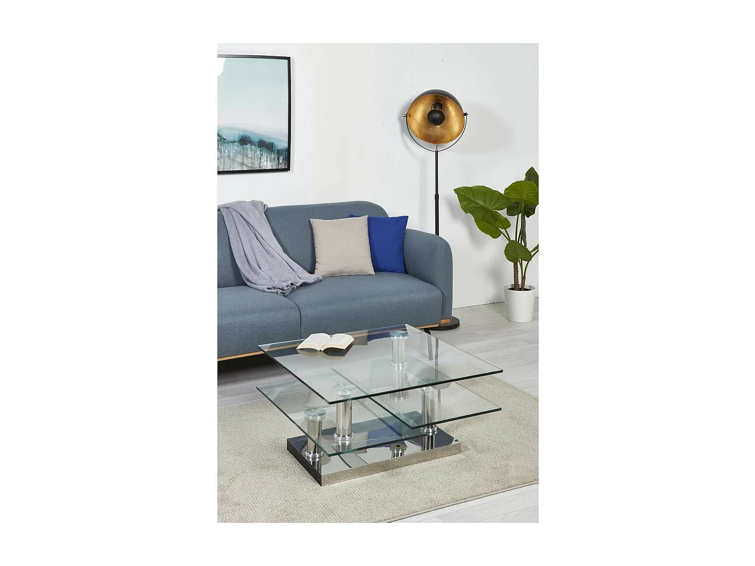 Vierkante chroomstalen salontafel en draaibare gehard glazen bladen Vintaz 80 cm