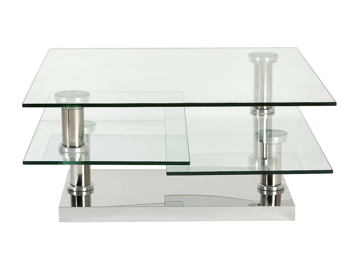 Vierkante chroomstalen salontafel en draaibare gehard glazen bladen Vintaz 80 cm