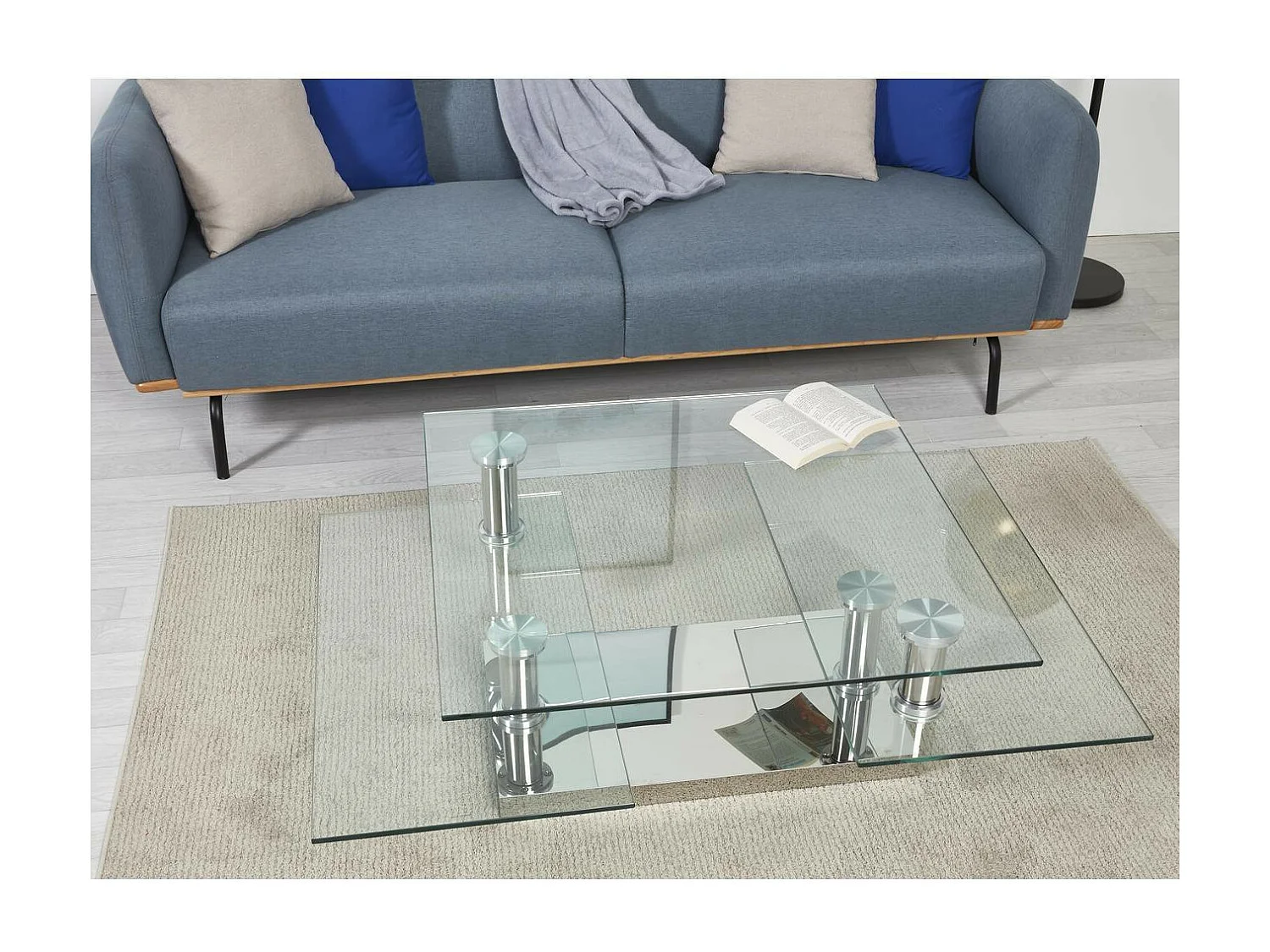 Vierkante chroomstalen salontafel en draaibare gehard glazen bladen Vintaz 80 cm