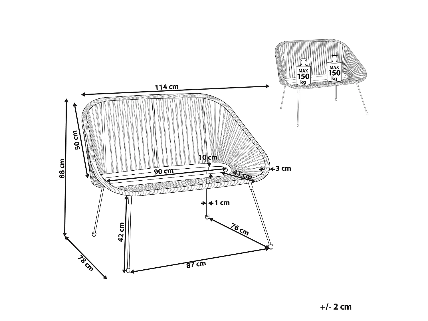 Gartenbank ACAPULCO II 113 cm Polyrattan Schwarz