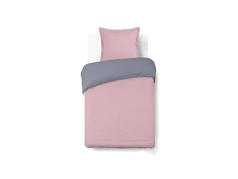Housse de couette Réversible 140x200cm avec 1 taie 65x65cm - Gris/rose - 100% coton