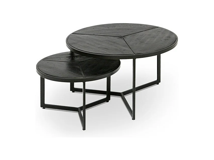 Lot de 2 tables basses gigognes rondes bois noir – Collection LAVE – Style industriel