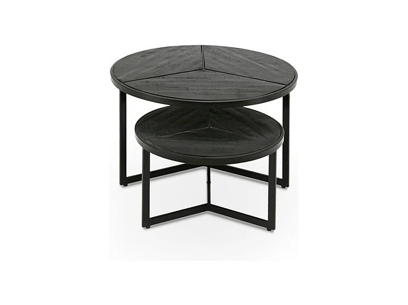 Lot de 2 tables basses gigognes rondes bois noir – Collection LAVE – Style industriel