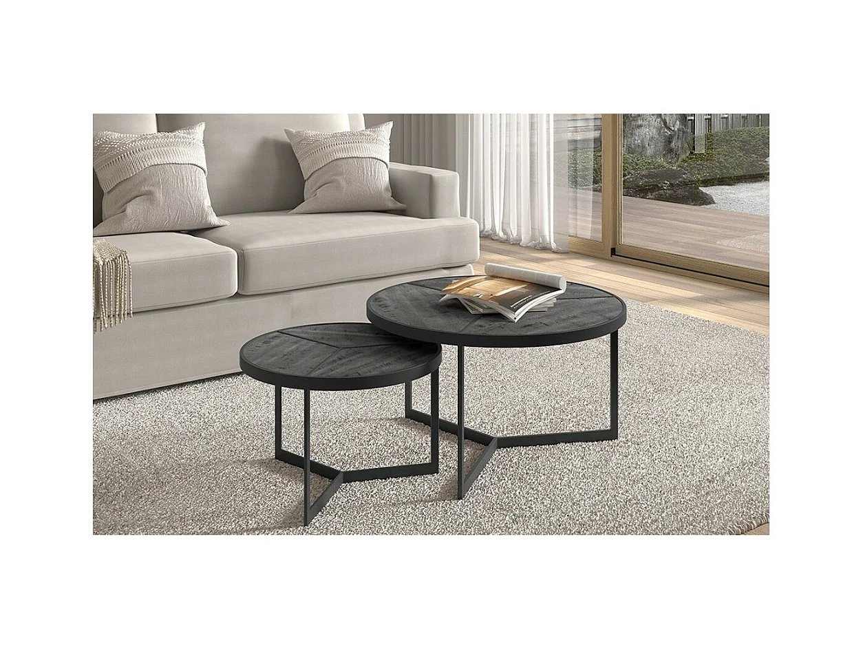 Lot de 2 tables basses gigognes rondes bois noir – Collection LAVE – Style industriel