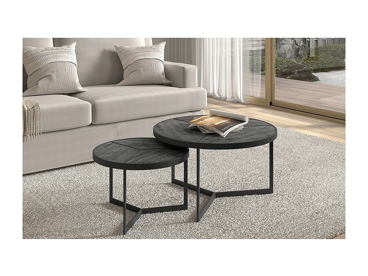 Lot de 2 tables basses gigognes rondes bois noir – Collection LAVE – Style industriel