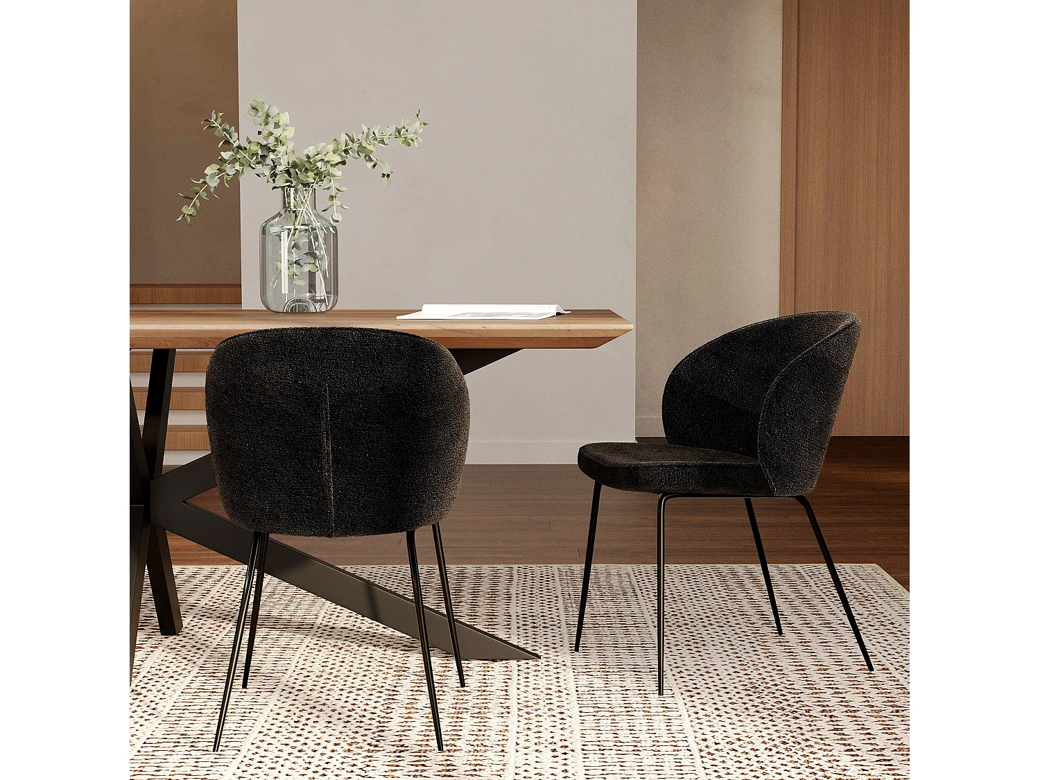 Lot de 2 chaises en tissu bouclé noir et pieds en métal - Groom