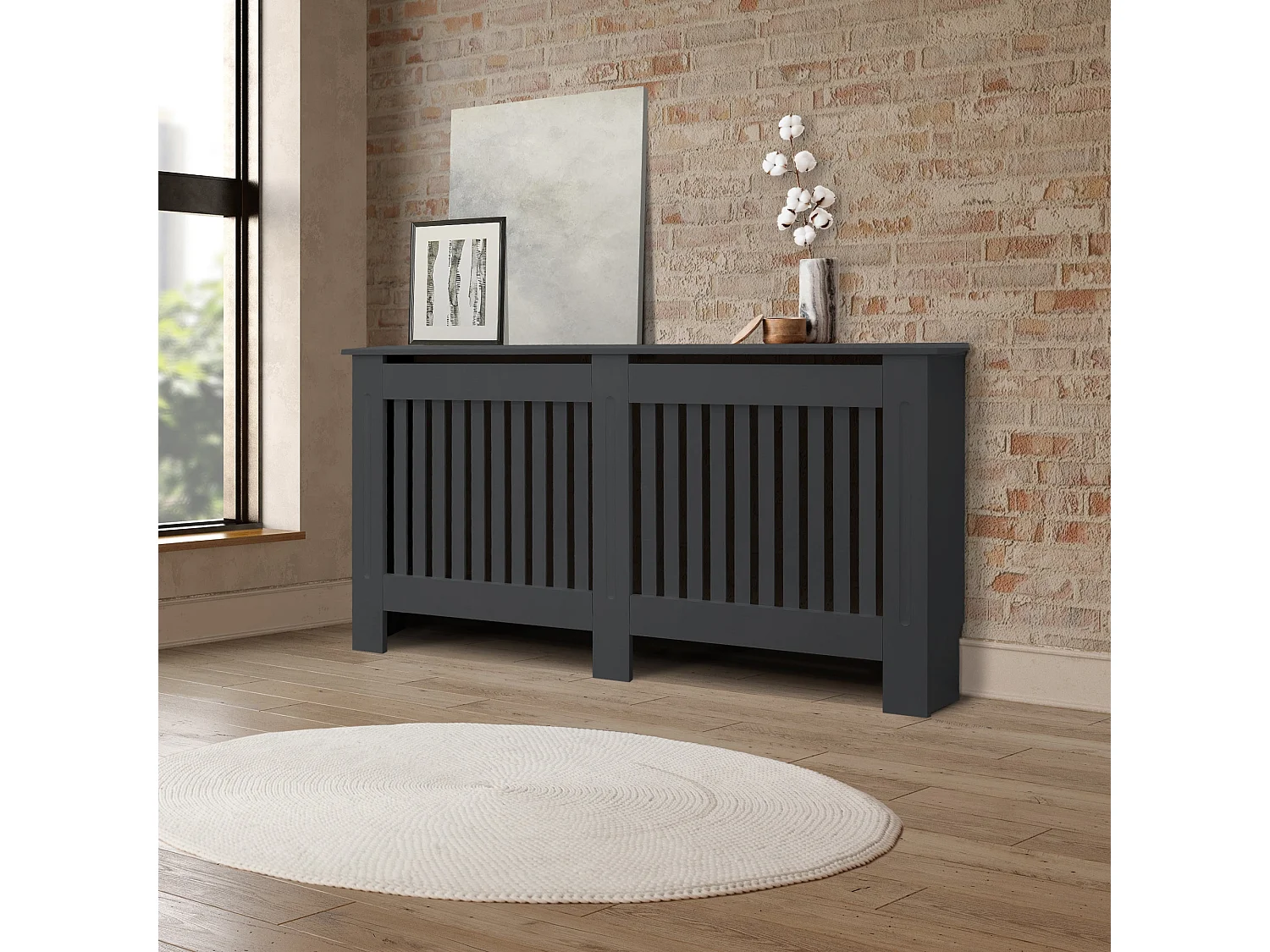 ECD Germany Copritermosifone in legno MDF laccato antracite 152x19x82 cm con design a doghe verticali piano d'appoggio copertura protettiva radiatore