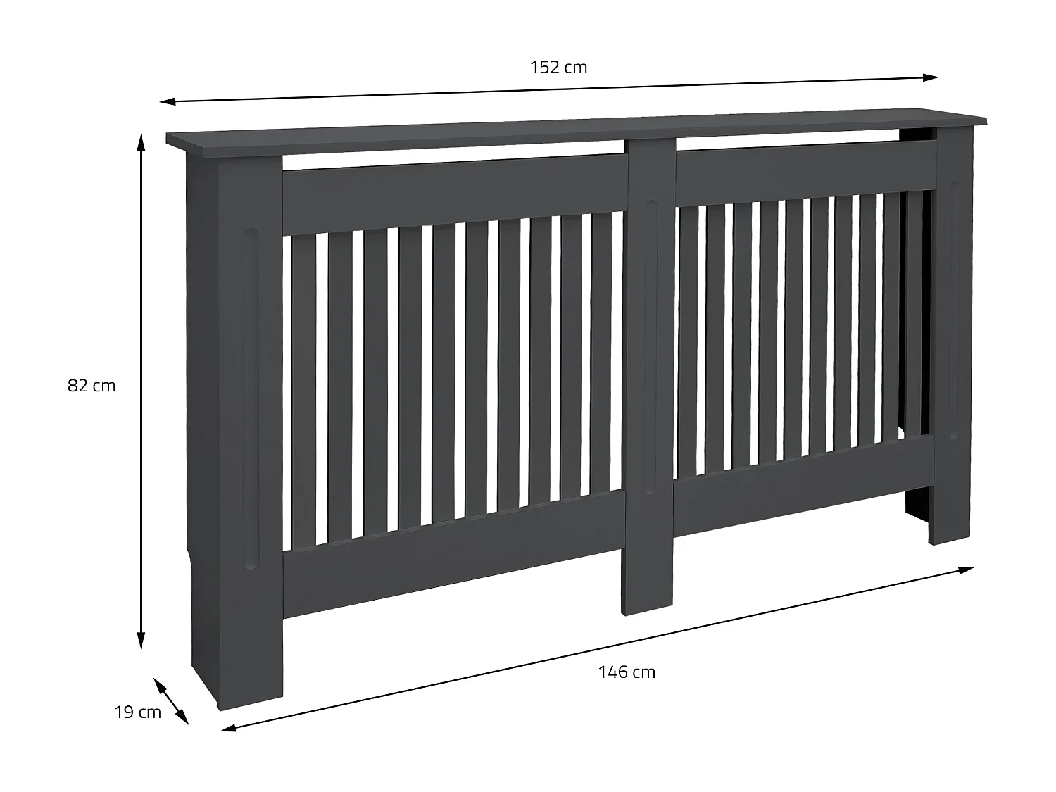 ECD Germany Copritermosifone in legno MDF laccato antracite 152x19x82 cm con design a doghe verticali piano d'appoggio copertura protettiva radiatore