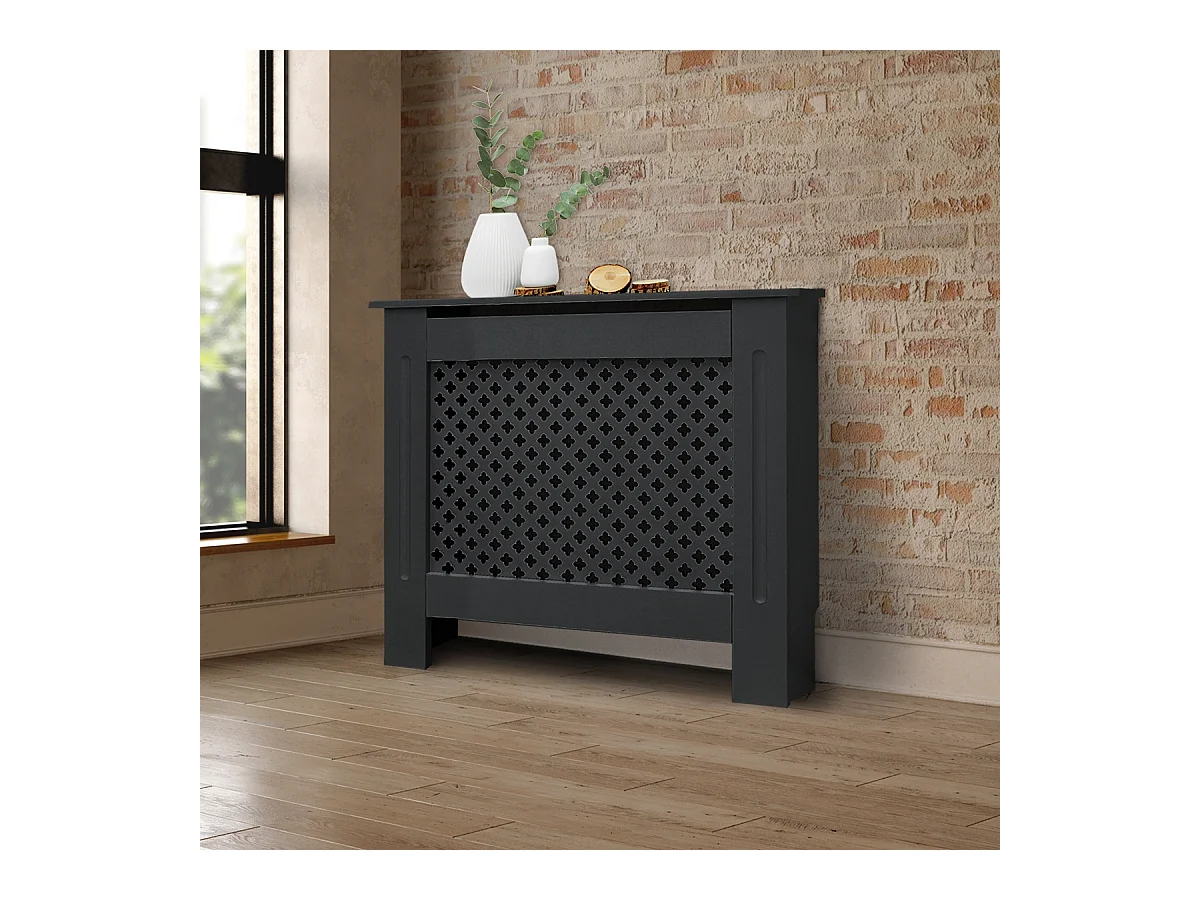 Cache-radiateur 78x19x82 cm anthracite à lattes croisées avec une surface d'étagère habillage robuste en bois MDF matériel de montage mural inclus