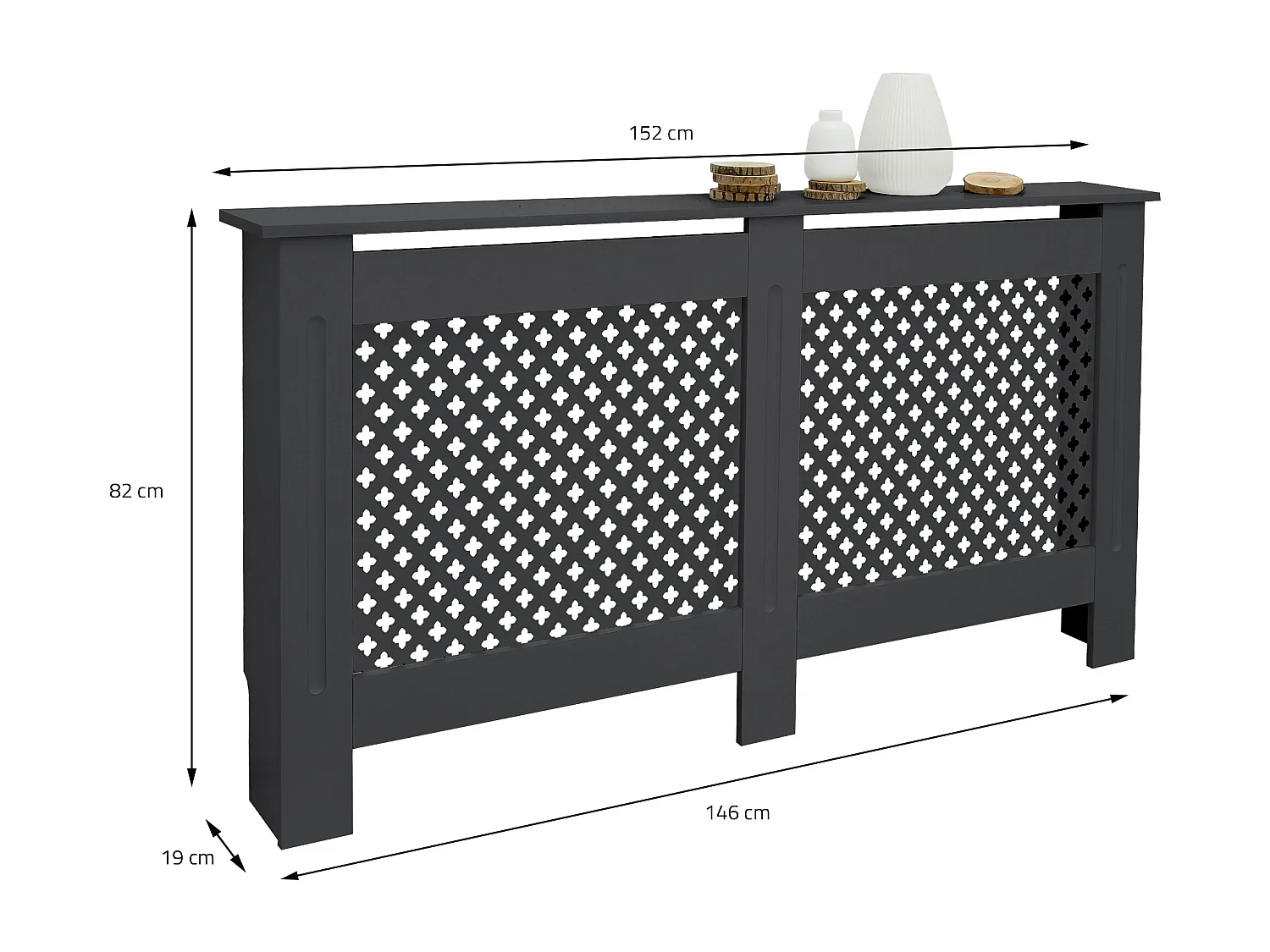 ECD Germany Copritermosifone 152x19x82 cm in MDF antracite con motivo a nido d'ape piano d'appoggio copertura radiatore decorativa e protettiva