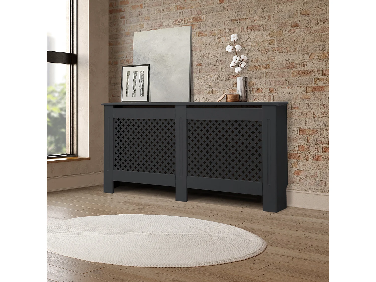 Cache-radiateur 152x19x82 cm anthracite à lattes croisées avec une surface d'étagère habillage robuste en bois MDF matériel de montage mural inclus