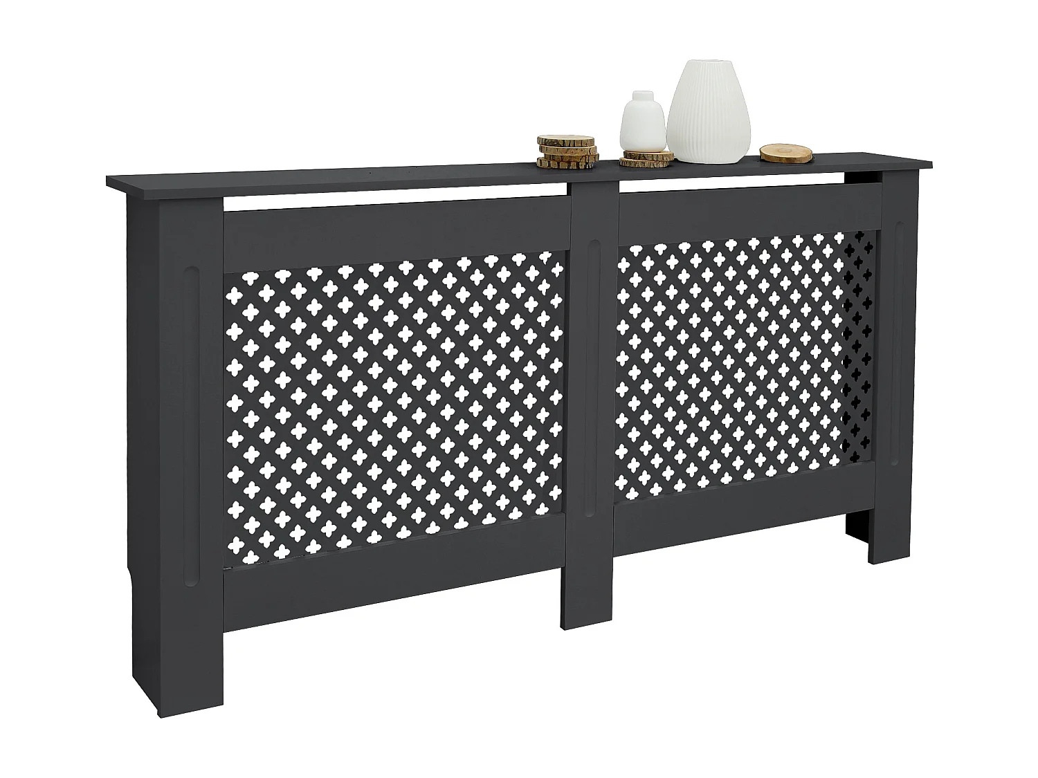 Cache-radiateur 152x19x82 cm anthracite à lattes croisées avec une surface d'étagère habillage robuste en bois MDF matériel de montage mural inclus