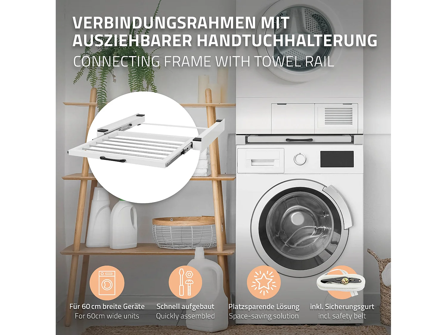 Estante extraíble intermedio para lavadora con toallero blanco 60x60 cm con asa