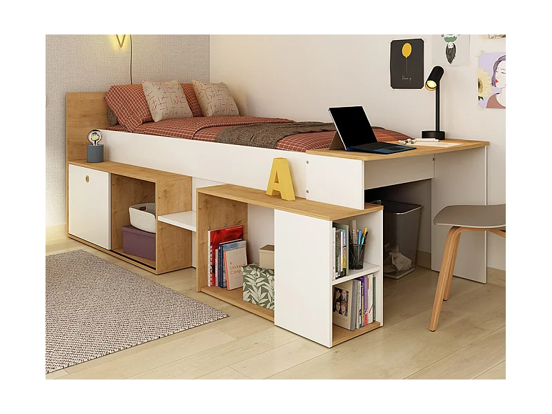 Letto combinato 90 x 200 cm con scrivania e vani portaoggetti Bianco e Naturale + Rete - PALOMA