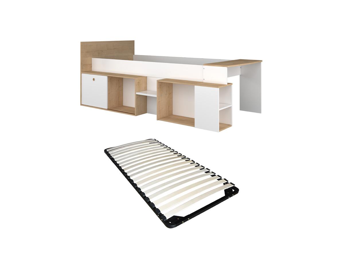 Kombibett 90 x 200 cm mit Schreibtisch & Stauraum + Lattenrost - Weiß & Hol günstig online kaufen