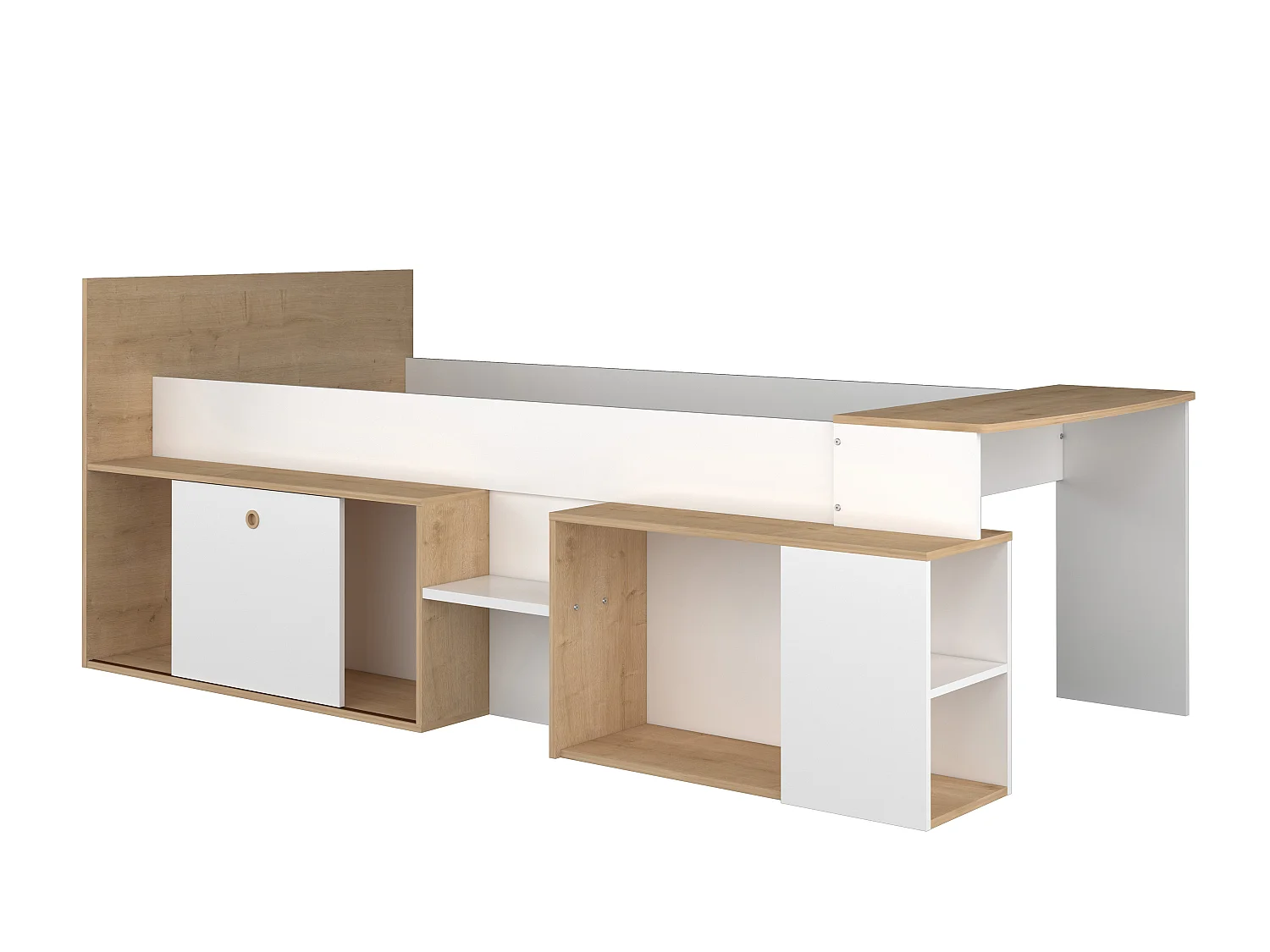 Letto combinato 90 x 200 cm con scrivania e vani portaoggetti Bianco e Naturale + Rete - PALOMA