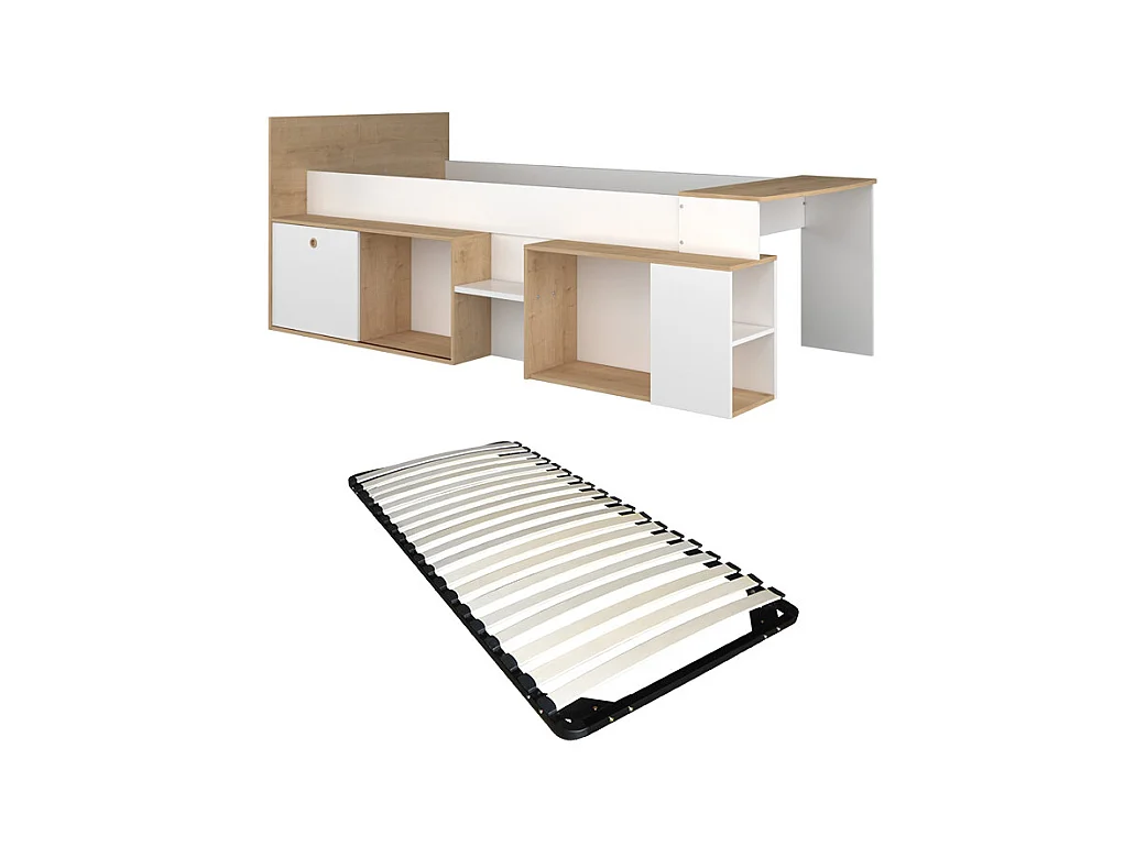 Cama combinada 90 x 200 cm con escritorio y almacenamiento - Blanco y natural + Somier - PALOMA