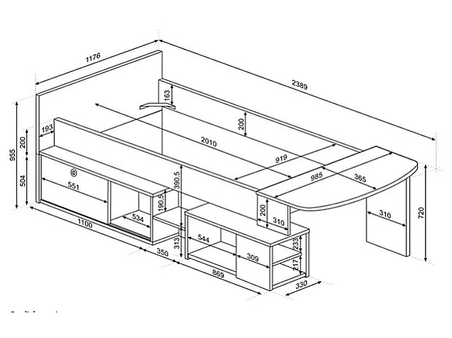 Lit combiné 90 x 200 cm avec bureau et rangements - Blanc et naturel + Sommier - PALOMA